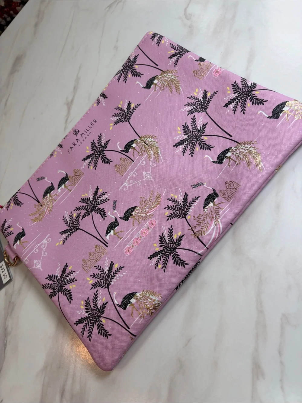 NWT Sara Miller Ostrich & Palms pink & gold large zipper pouch- preppy beach